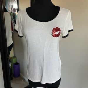 White graphic tee with glittery lip print